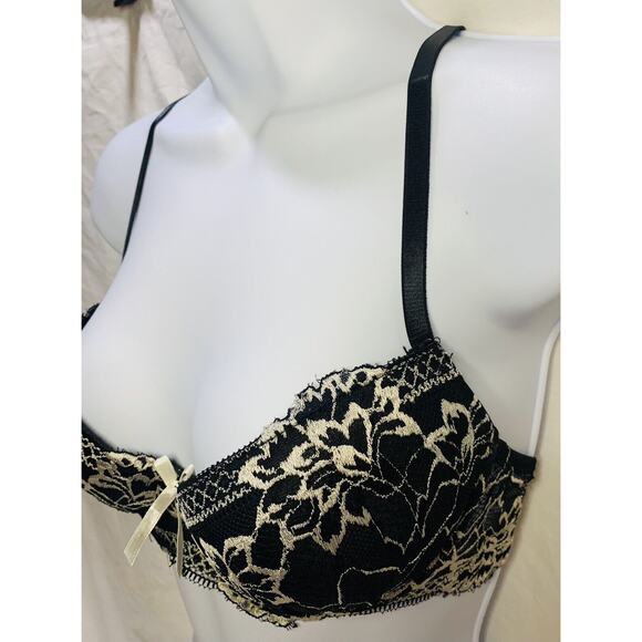 Rene Rofa Bra Underwire Padded 34B Black Beige Floral Lace Pushup Sexy Used - Picture 2 of 12